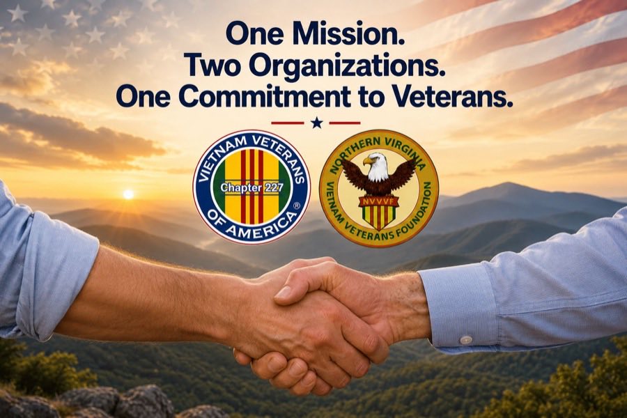 A graphic captioned “One Mission. Two Organizations. One Commitment to Veterans.” — two people shaking hands over a sunlit mountain landscape, with the Vietnam Veterans of America Chapter 227 seal and the Northern Virginia Vietnam Veterans Foundation seal side by side above them.